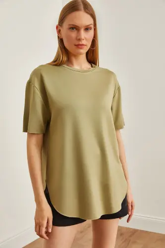 Women's Khaki Modal Buttoned Soft Textured Bottom Oval T 