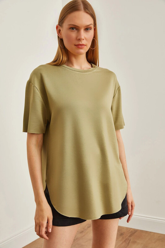 Women's Khaki Modal Buttoned Soft Textured Bottom Oval T - OLALOOK