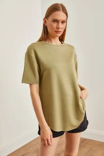 Women's Khaki Modal Buttoned Soft Textured Bottom Oval T - 2