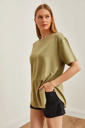 Women's Khaki Modal Buttoned Soft Textured Bottom Oval T - 3