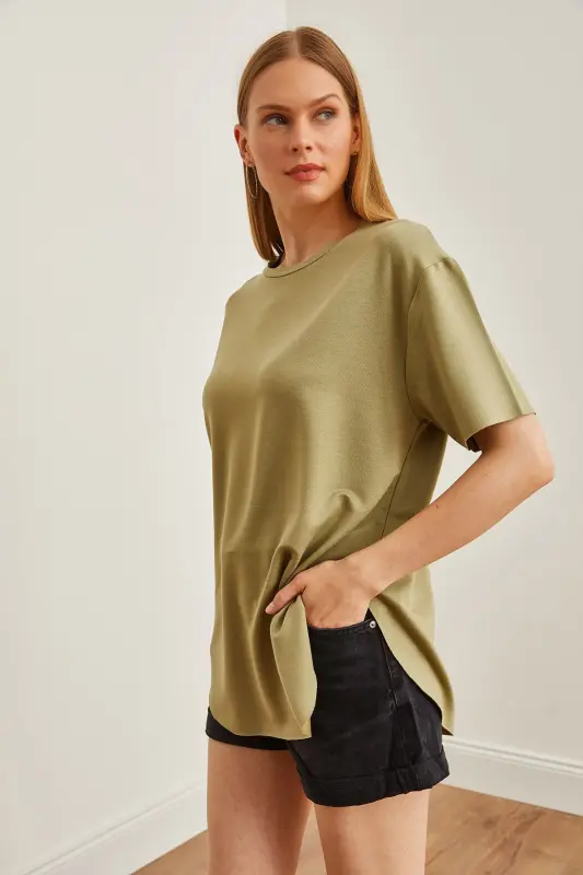 Women's Khaki Modal Buttoned Soft Textured Bottom Oval T - 3