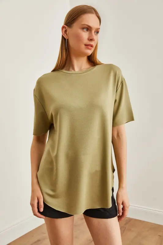 Women's Khaki Modal Buttoned Soft Textured Bottom Oval T - 4