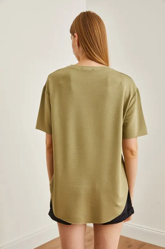 Women's Khaki Modal Buttoned Soft Textured Bottom Oval T - 5