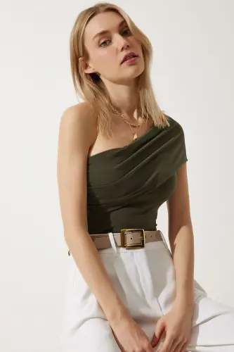 Women's Khaki One Shoulder Gathered Knitted Blouse DZ00112-Khaki 