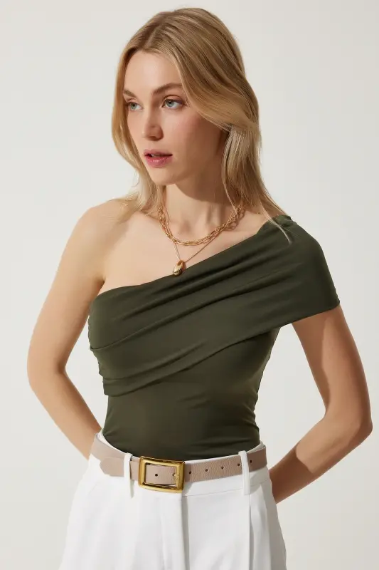 Women's Khaki One Shoulder Gathered Knitted Blouse DZ00112-Khaki - 2