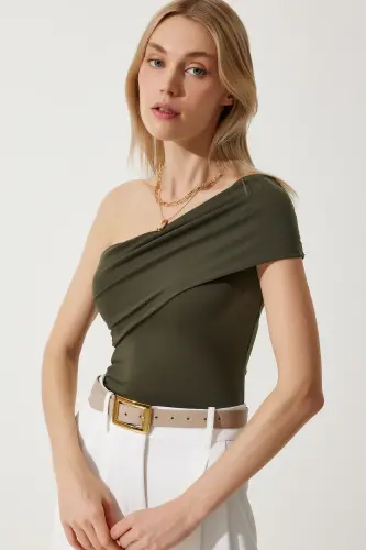 Women's Khaki One Shoulder Gathered Knitted Blouse DZ00112-Khaki - 3