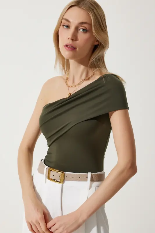 Women's Khaki One Shoulder Gathered Knitted Blouse DZ00112-Khaki - 3