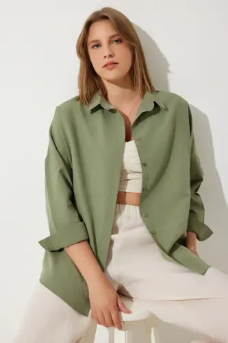 Women's Khaki Oversize Long Basic Shirt DD00842 - Khaki 
