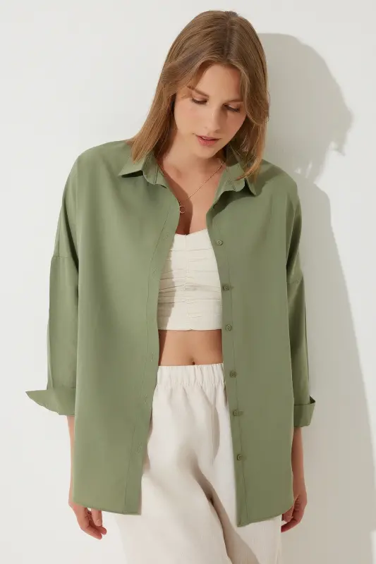 Women's Khaki Oversize Long Basic Shirt DD00842 - Khaki - 2