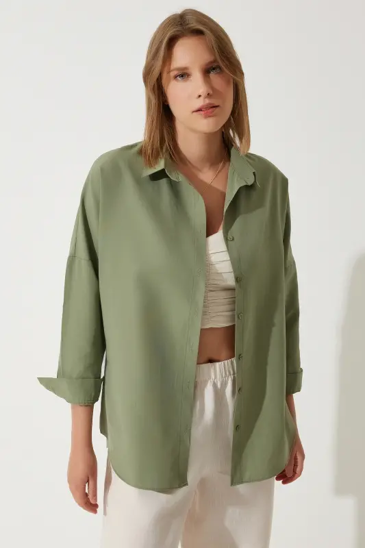 Women's Khaki Oversize Long Basic Shirt DD00842 - Khaki - 3