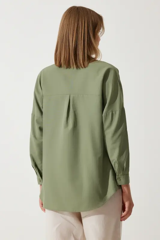 Women's Khaki Oversize Long Basic Shirt DD00842 - Khaki - 4