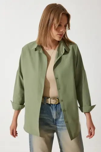 Women's Khaki Oversize Long Basic Shirt DD00842 - Khaki - 5