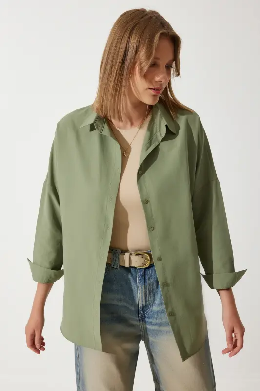 Women's Khaki Oversize Long Basic Shirt DD00842 - Khaki - 5