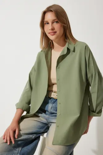 Women's Khaki Oversize Long Basic Shirt DD00842 - Khaki - 6