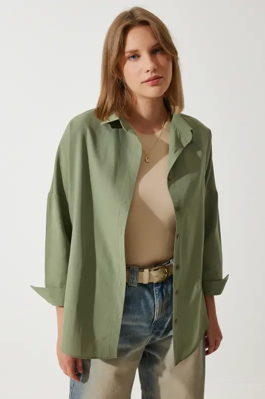 Women's Khaki Oversize Long Basic Shirt DD00842 - Khaki - 7