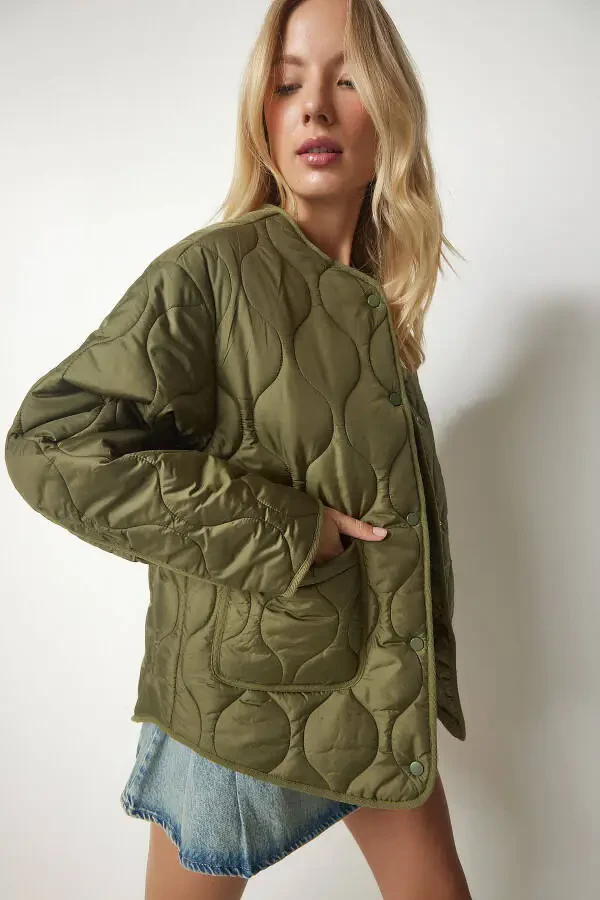 Women's Khaki Pocket Oversized Quilted Jacket DZ00098 - 3