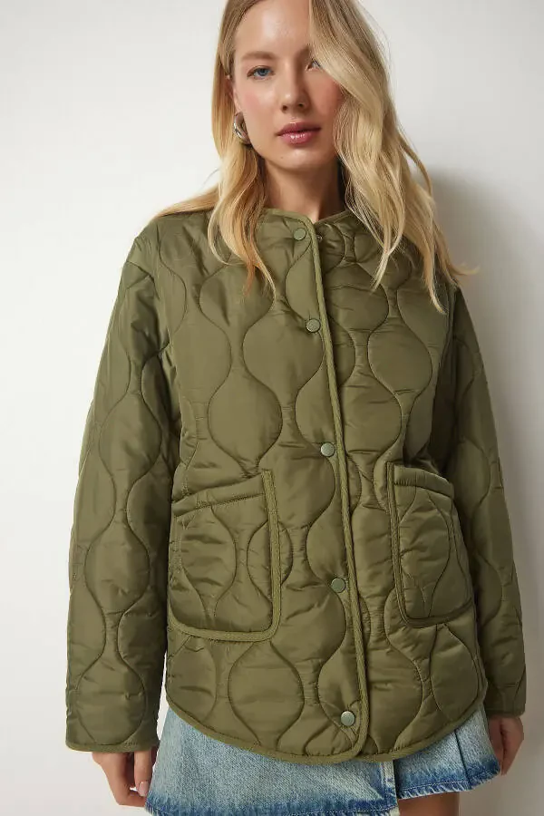 Women's Khaki Pocket Oversized Quilted Jacket DZ00098 - 4