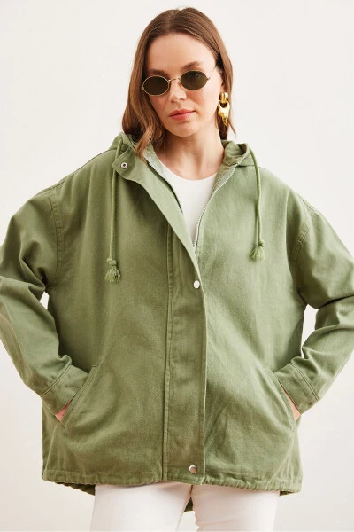 Women's Khaki Pocket Zipper Snap Detail Gabardine Jacket CKT-19000419 - 3
