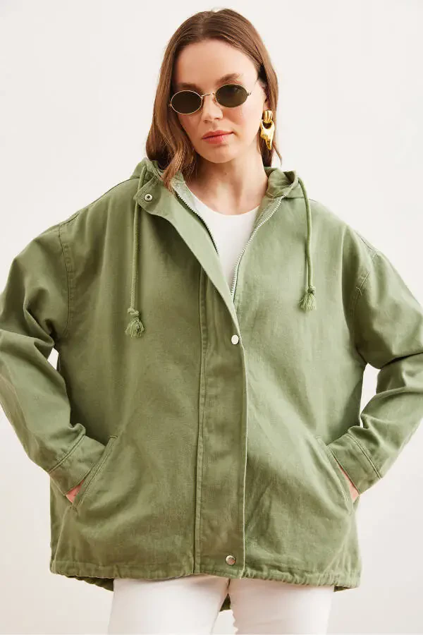 Women's Khaki Pocket Zipper Snap Detail Gabardine Jacket CKT-19000419 - 3
