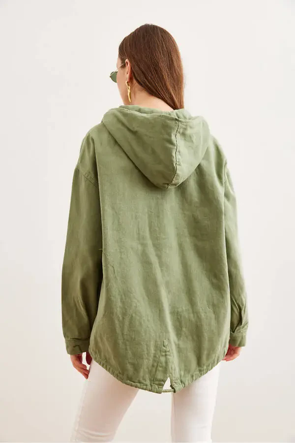 Women's Khaki Pocket Zipper Snap Detail Gabardine Jacket CKT-19000419 - 6