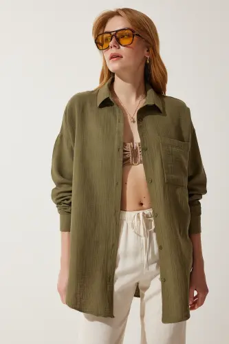 Women's Khaki Pockets Oversize Muslin Shirt MX00150 - Khaki - HAPPINESS İSTANBUL (1)