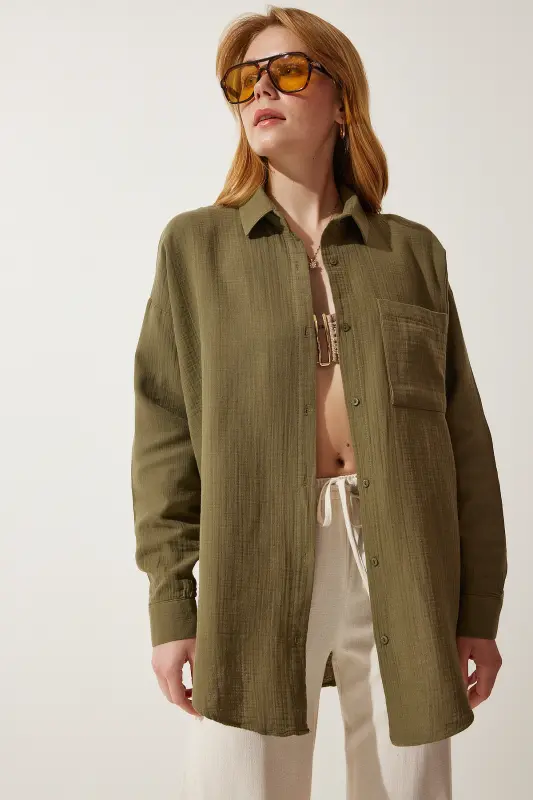 Women's Khaki Pockets Oversize Muslin Shirt MX00150 - Khaki - 4