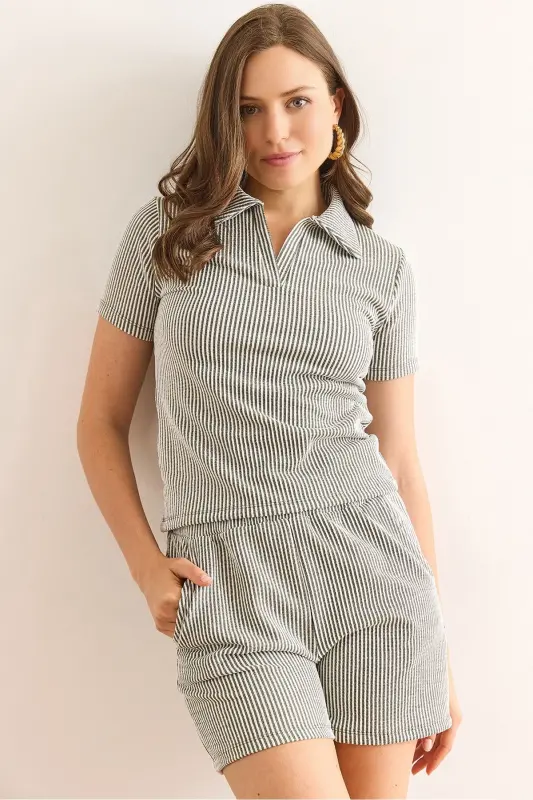 Women's Khaki Polo Collar Blouse and Shorts Set TKM-19000 - OLALOOK