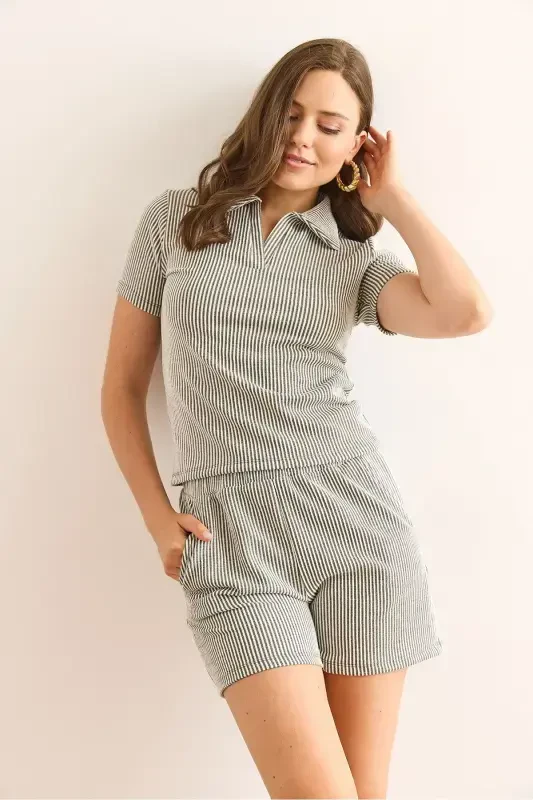 Women's Khaki Polo Collar Blouse and Shorts Set TKM-19000 - 3