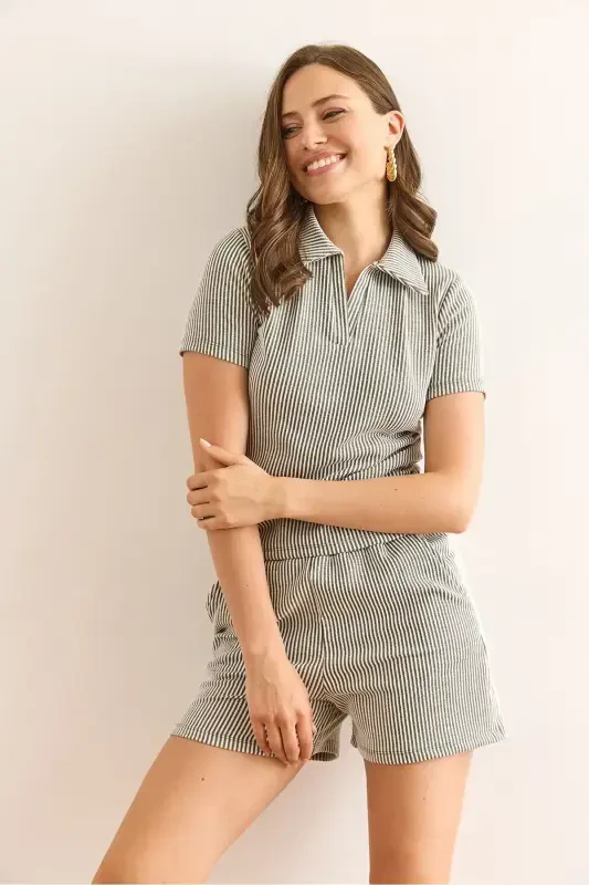 Women's Khaki Polo Collar Blouse and Shorts Set TKM-19000 - 4