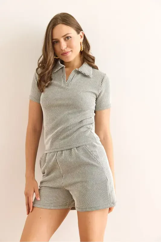 Women's Khaki Polo Collar Blouse and Shorts Set TKM-19000 - 5