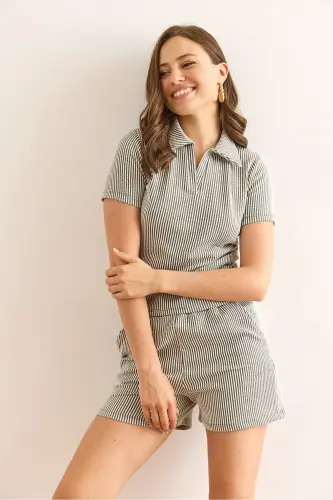 Women's Khaki Polo Collar Blouse and Shorts Set TKM-19000 - 4