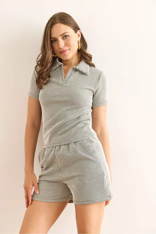 Women's Khaki Polo Collar Blouse and Shorts Set TKM-19000 - 5