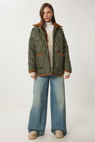Women's Khaki Polo Neck Pocket Quilted Jacket DZ00096 - HAPPINESS İSTANBUL