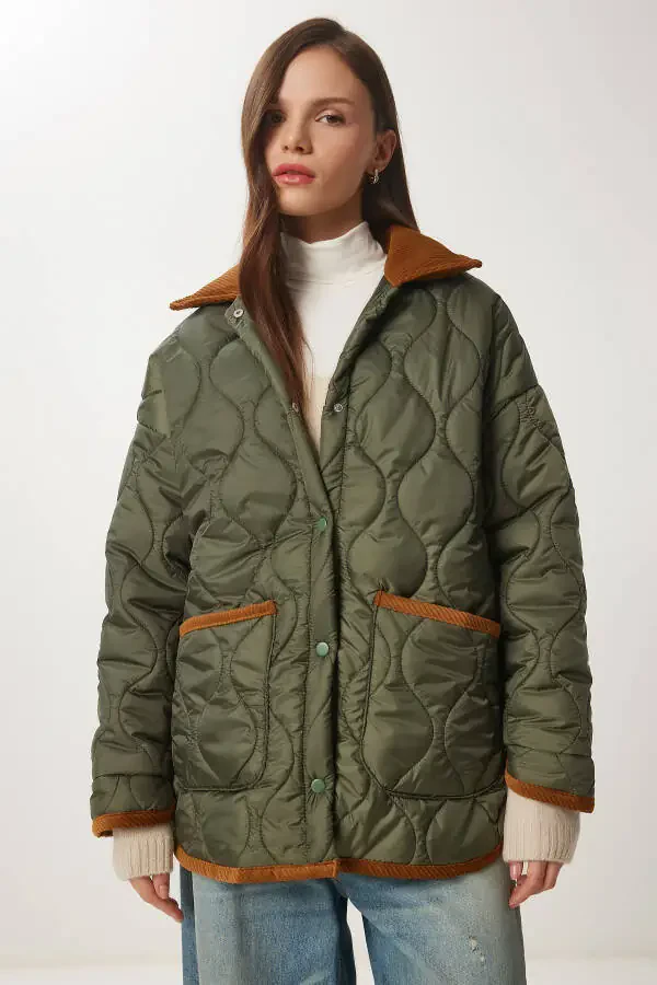 Women's Khaki Polo Neck Pocket Quilted Jacket DZ00096 - 2