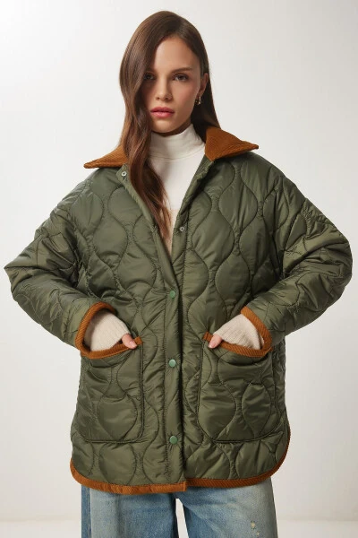 Women's Khaki Polo Neck Pocket Quilted Jacket DZ00096 - 3