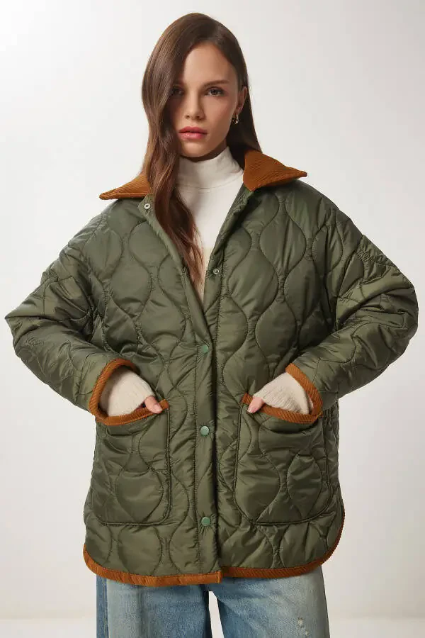 Women's Khaki Polo Neck Pocket Quilted Jacket DZ00096 - 3