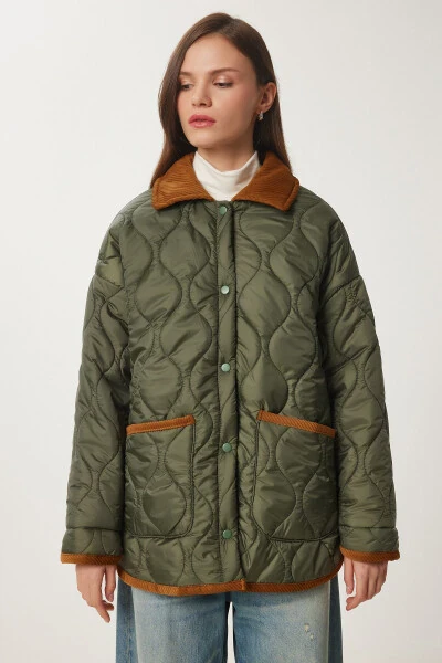 Women's Khaki Polo Neck Pocket Quilted Jacket DZ00096 - 4