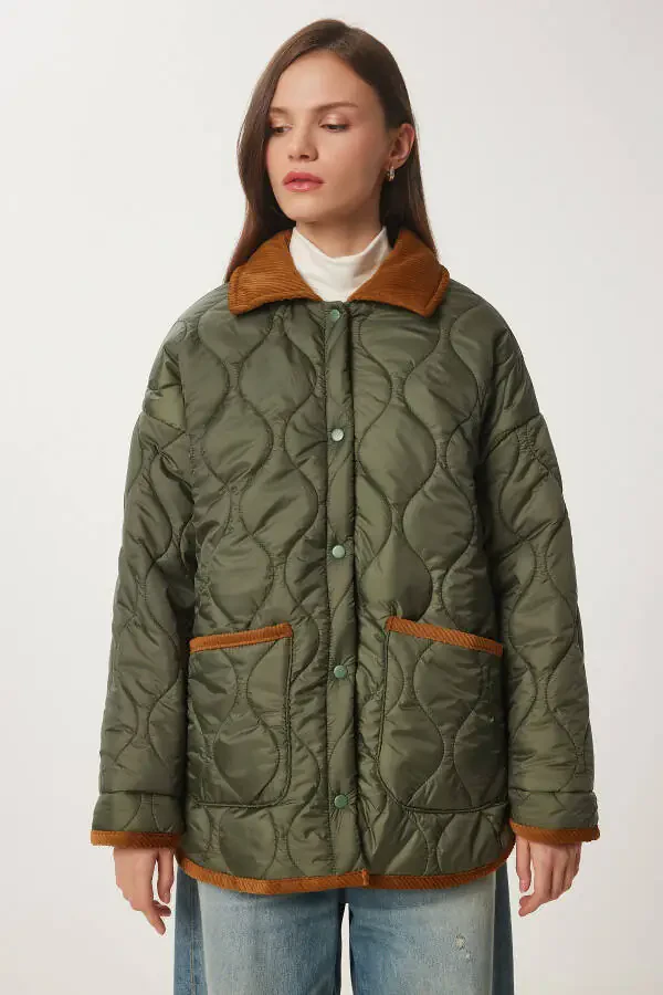 Women's Khaki Polo Neck Pocket Quilted Jacket DZ00096 - 4