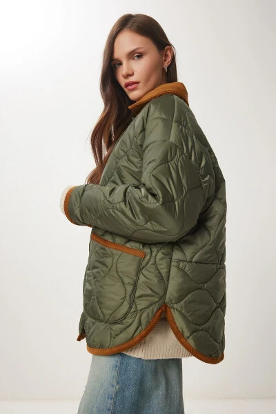 Women's Khaki Polo Neck Pocket Quilted Jacket DZ00096 - 5