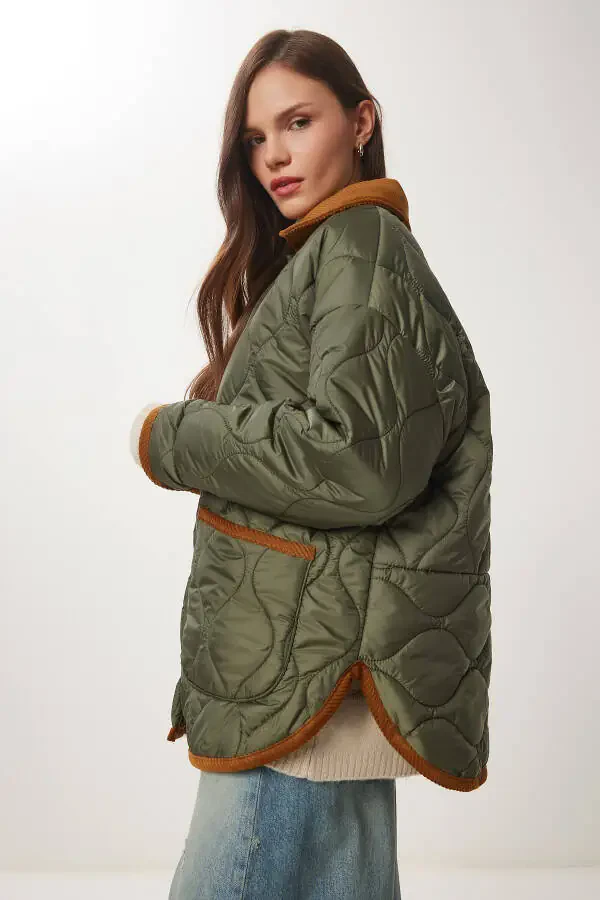 Women's Khaki Polo Neck Pocket Quilted Jacket DZ00096 - 5