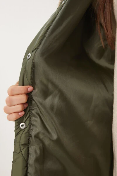 Women's Khaki Polo Neck Pocket Quilted Jacket DZ00096 - 7