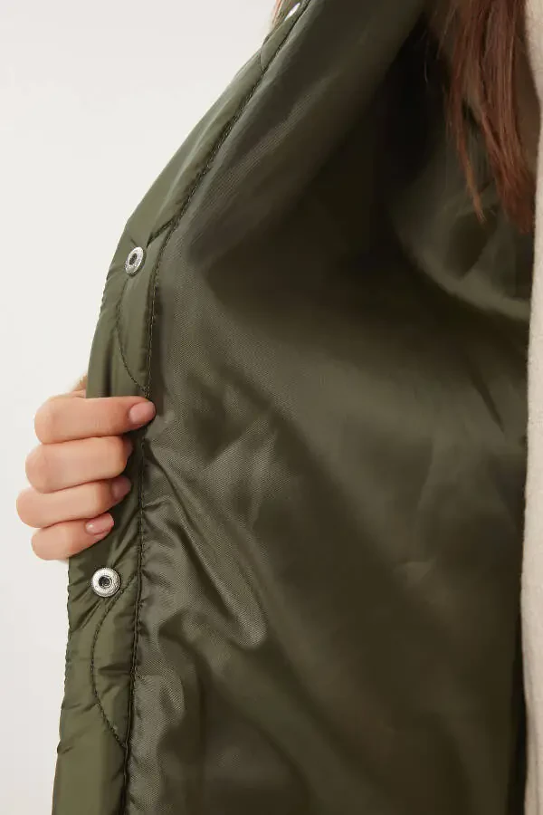 Women's Khaki Polo Neck Pocket Quilted Jacket DZ00096 - 7