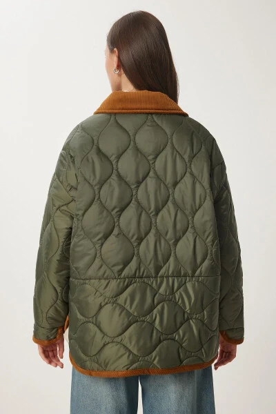 Women's Khaki Polo Neck Pocket Quilted Jacket DZ00096 - 8