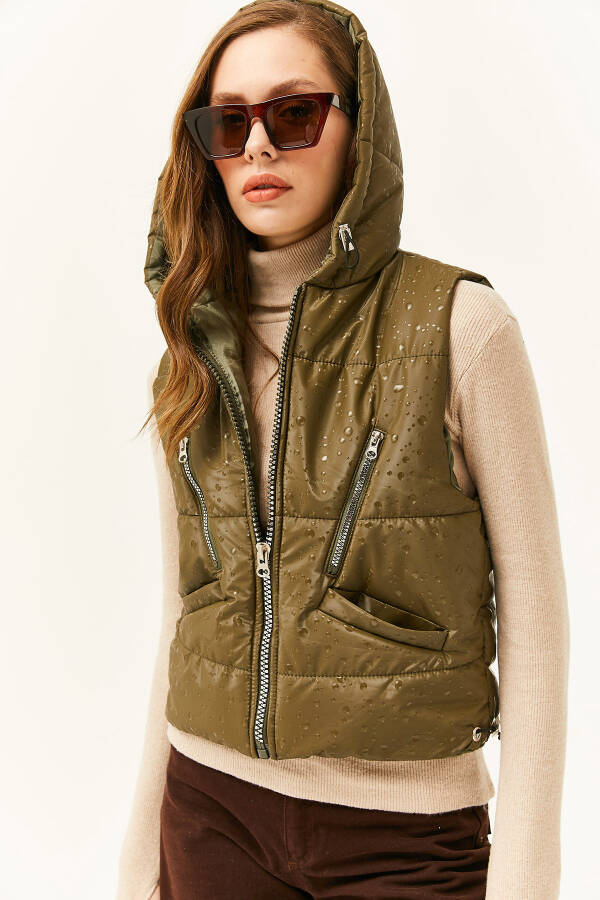 Women's Khaki Rain Drop Effect Pocket Lined Puffy Vest YLK-19000022 - 4