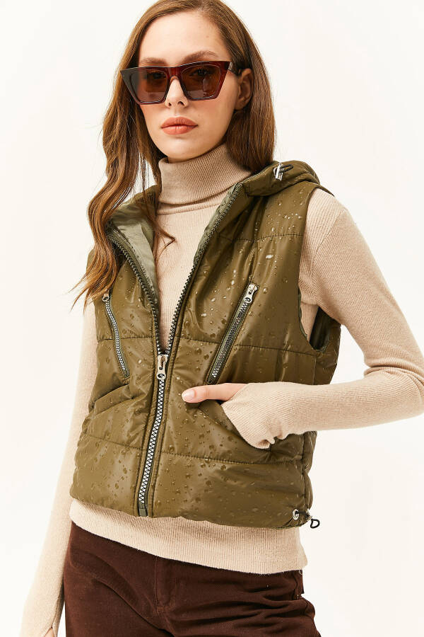 Women's Khaki Rain Drop Effect Pocket Lined Puffy Vest YLK-19000022 - 5