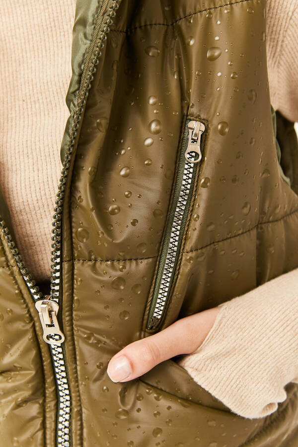 Women's Khaki Rain Drop Effect Pocket Lined Puffy Vest YLK-19000022 - 6