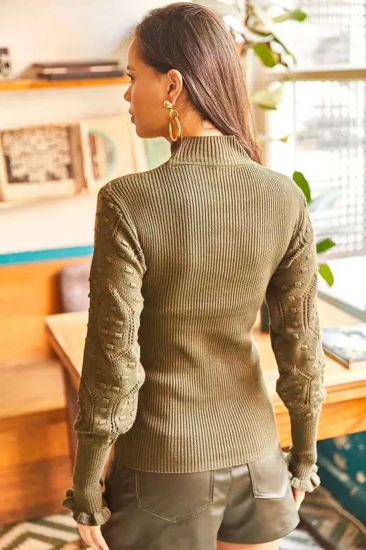 Women's Khaki Ribbed Knitwear Sweater with Stand-up Collar and Sleeve Detail KZK-19000383-Khaki - 2