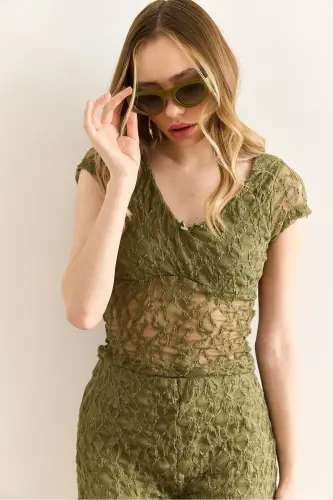 Women's Khaki Robe Lined V-Neck Crop Lace Blouse BL - 1