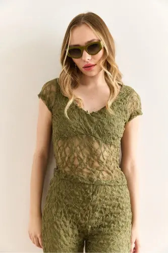 Women's Khaki Robe Lined V-Neck Crop Lace Blouse BL - OLALOOK (1)