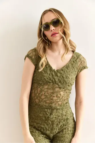 Women's Khaki Robe Lined V-Neck Crop Lace Blouse BL - 3